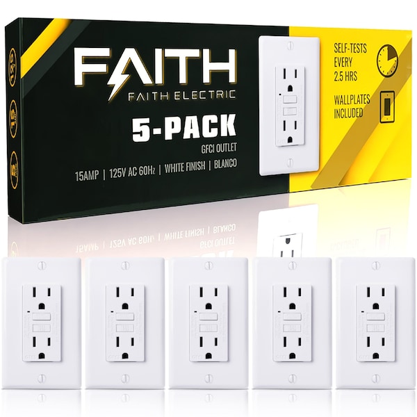 Faith 15A GFCI Outlets, GFI Duplex Receptacles W/ LED Indicator & Wall Plate, ETL Listed, Wht, 5PK GLS-15A-WH-05 - main